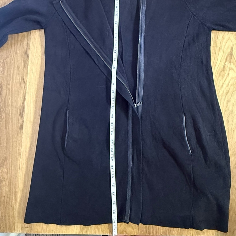 Eileen Fisher Long Knit Cardigan Jacket, Black Silk-Cotton Blend leather trim XL - Picture 8 of 12